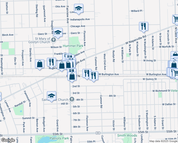 map of restaurants, bars, coffee shops, grocery stores, and more near 5021 Florence Avenue in Downers Grove