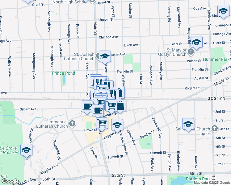 map of restaurants, bars, coffee shops, grocery stores, and more near 928 Warren Avenue in Downers Grove