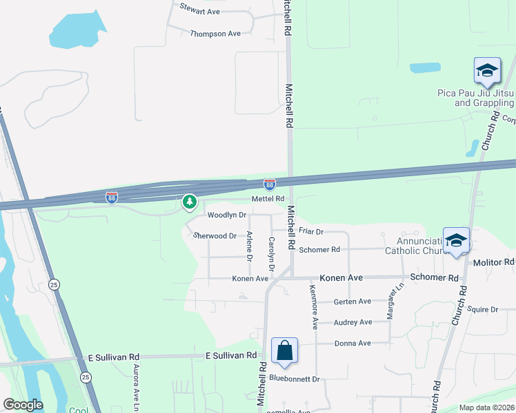 map of restaurants, bars, coffee shops, grocery stores, and more near 520 Woodlyn Drive in Aurora