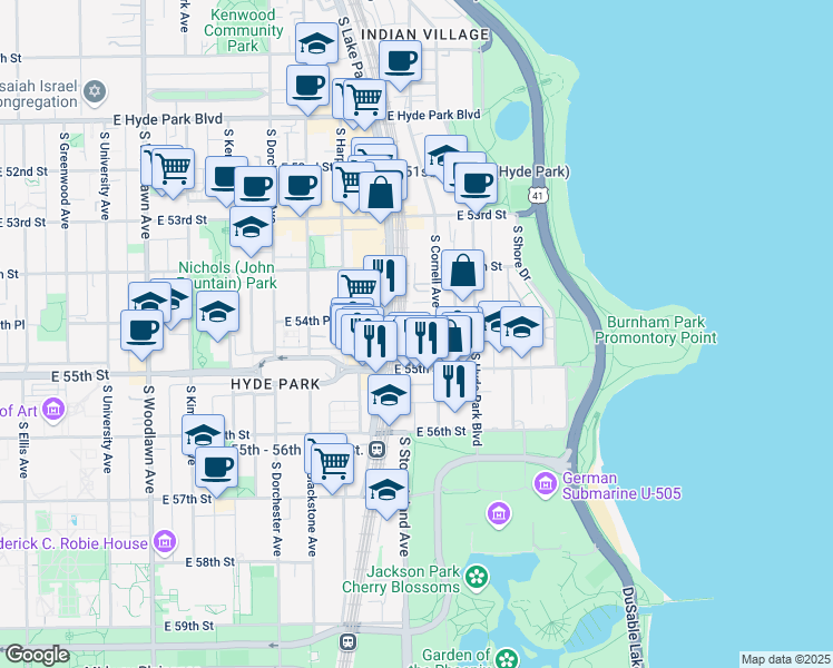 map of restaurants, bars, coffee shops, grocery stores, and more near 5464 South Cornell Avenue in Chicago