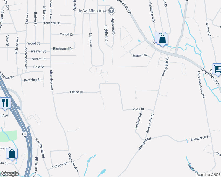 map of restaurants, bars, coffee shops, grocery stores, and more near 75 Mountain View Drive in Harwinton