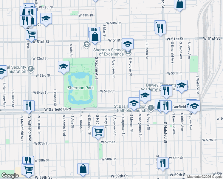 map of restaurants, bars, coffee shops, grocery stores, and more near 5400 South Aberdeen Street in Chicago