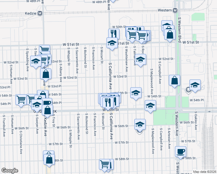 map of restaurants, bars, coffee shops, grocery stores, and more near 5347 South Mozart Street in Chicago