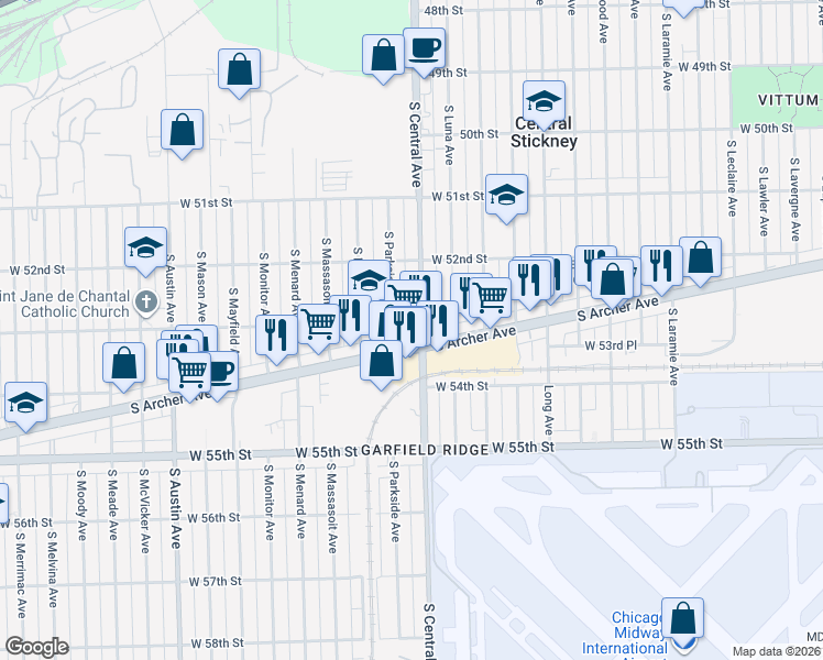 map of restaurants, bars, coffee shops, grocery stores, and more near 5307 South Parkside Avenue in Chicago