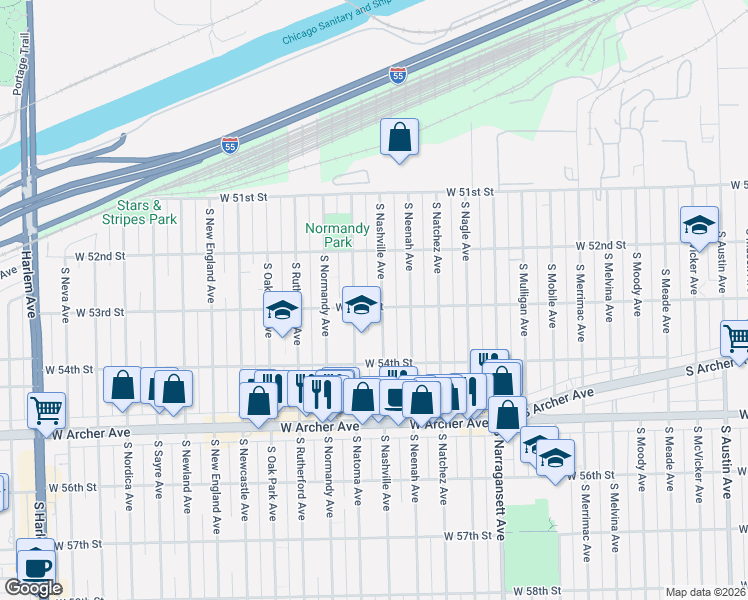 map of restaurants, bars, coffee shops, grocery stores, and more near 5257 South Natoma Avenue in Chicago