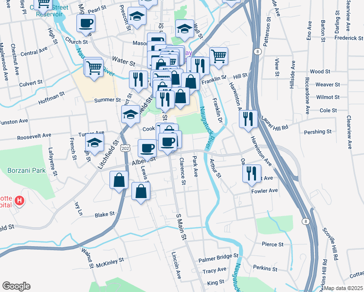 map of restaurants, bars, coffee shops, grocery stores, and more near 37 East Albert Street in Torrington
