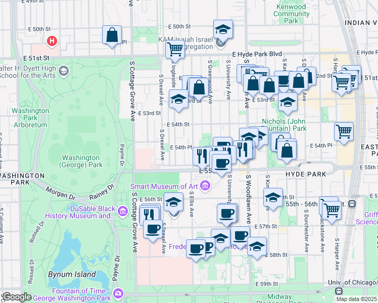 map of restaurants, bars, coffee shops, grocery stores, and more near 5464 South Ellis Avenue in Chicago