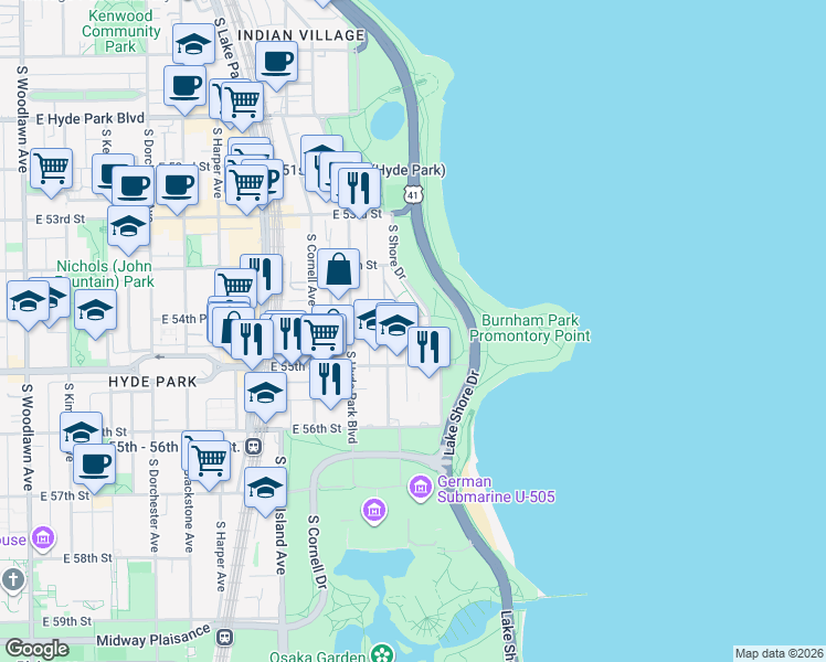 map of restaurants, bars, coffee shops, grocery stores, and more near 5454 South Shore Drive in Chicago