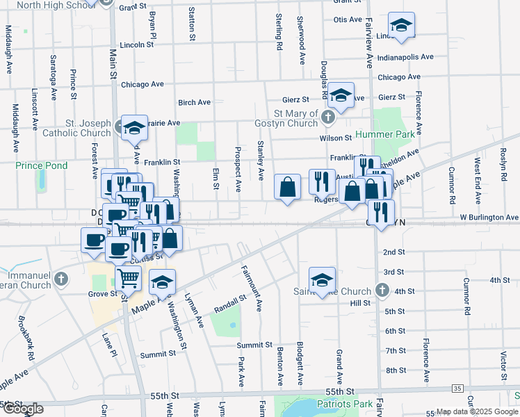 map of restaurants, bars, coffee shops, grocery stores, and more near 703 Rogers Street in Downers Grove