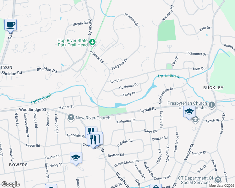 map of restaurants, bars, coffee shops, grocery stores, and more near 23 Tracy Drive in Manchester