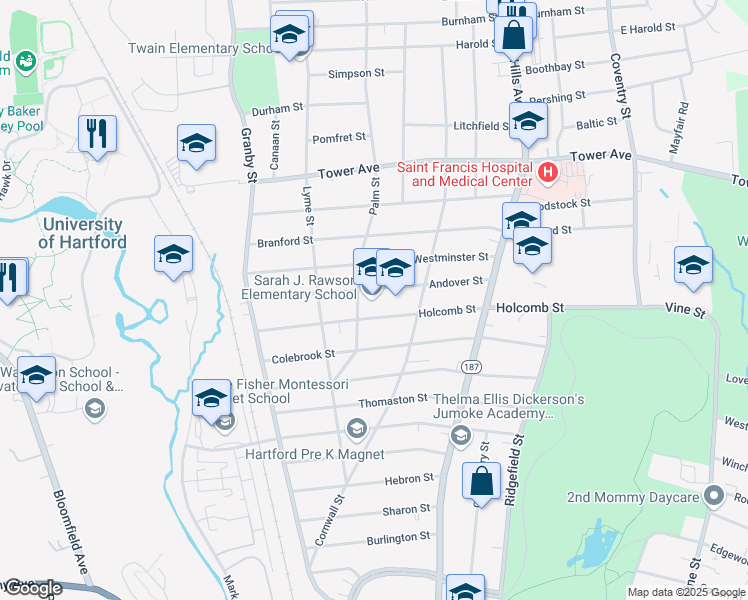 map of restaurants, bars, coffee shops, grocery stores, and more near 260 Holcomb Street in Hartford