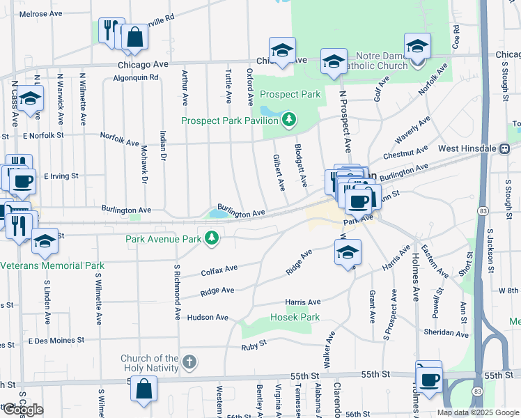 map of restaurants, bars, coffee shops, grocery stores, and more near 2 Oxford Avenue in Clarendon Hills