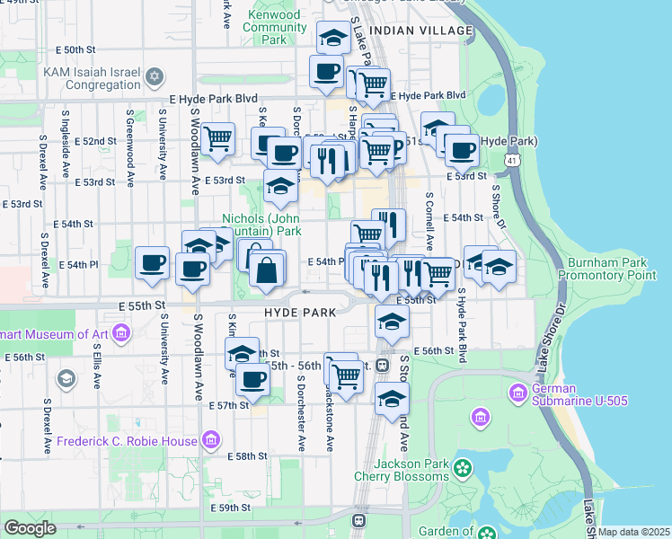 map of restaurants, bars, coffee shops, grocery stores, and more near 5459 South Blackstone Avenue in Chicago