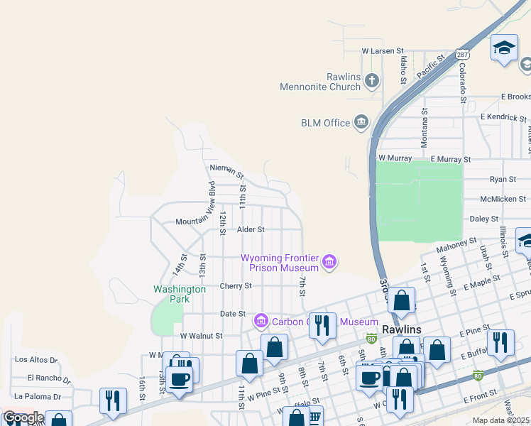 map of restaurants, bars, coffee shops, grocery stores, and more near 1121 9th Street in Rawlins
