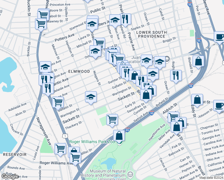 map of restaurants, bars, coffee shops, grocery stores, and more near 84 Gallatin Street in Providence