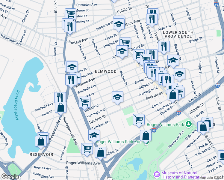 map of restaurants, bars, coffee shops, grocery stores, and more near 144 Sumter Street in Providence