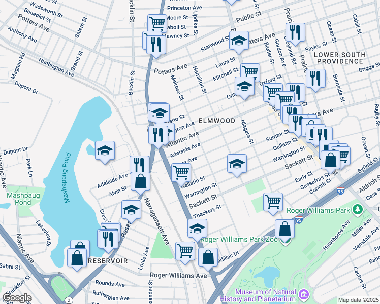 map of restaurants, bars, coffee shops, grocery stores, and more near 207 Lenox Avenue in Providence