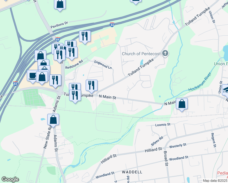 map of restaurants, bars, coffee shops, grocery stores, and more near 713 North Main Street in Manchester