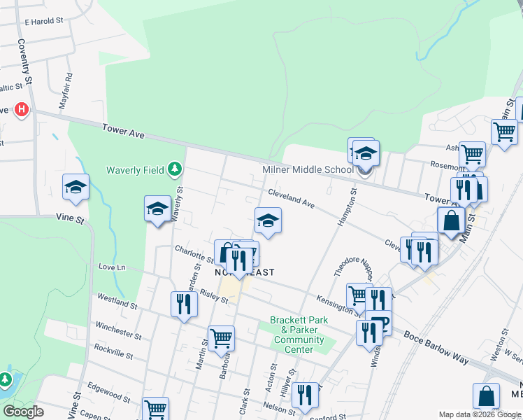 map of restaurants, bars, coffee shops, grocery stores, and more near in Hartford
