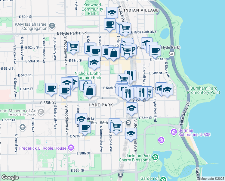 map of restaurants, bars, coffee shops, grocery stores, and more near 5470 South Harper Avenue in Chicago