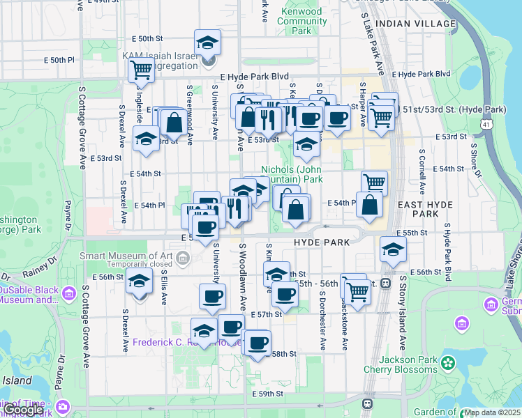 map of restaurants, bars, coffee shops, grocery stores, and more near 920 East 55th Street in Chicago