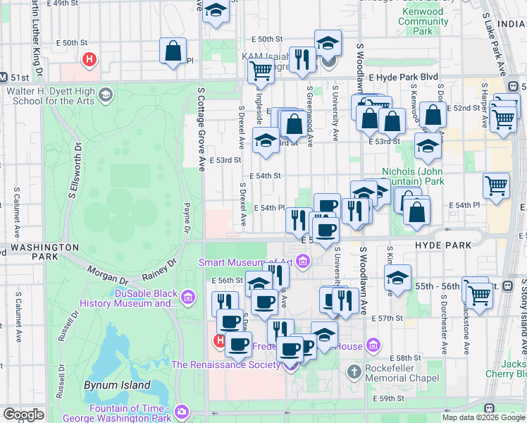 map of restaurants, bars, coffee shops, grocery stores, and more near 5466 South Ingleside Avenue in Chicago