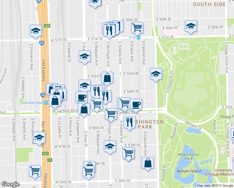 map of restaurants, bars, coffee shops, grocery stores, and more near 5412 South Indiana Avenue in Chicago