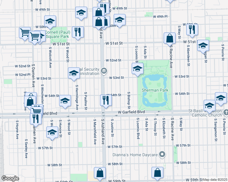map of restaurants, bars, coffee shops, grocery stores, and more near 5355 South Justine Street in Chicago