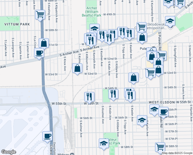 map of restaurants, bars, coffee shops, grocery stores, and more near 5308 South Kostner Avenue in Chicago