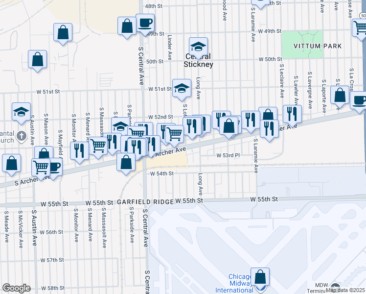 map of restaurants, bars, coffee shops, grocery stores, and more near 5813 South Archer Avenue in Chicago