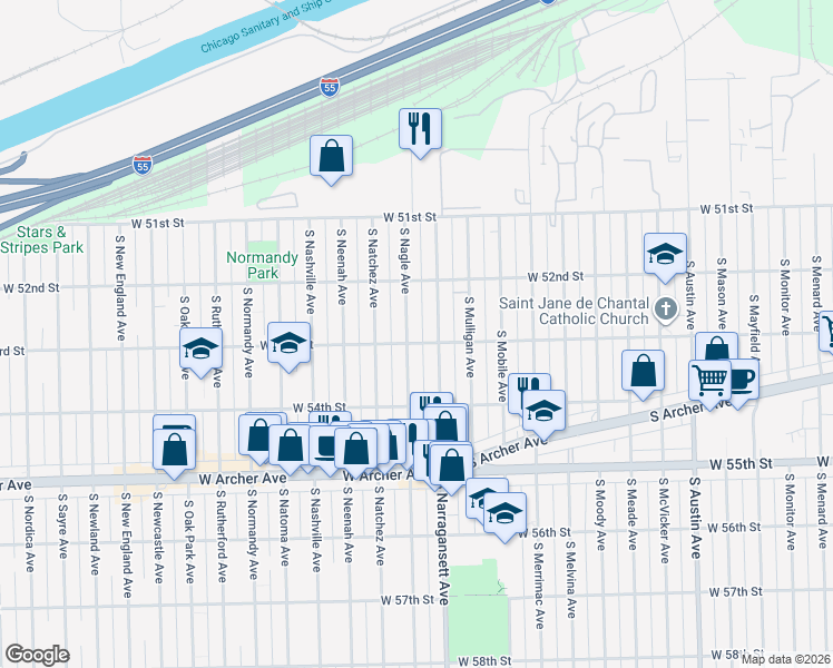 map of restaurants, bars, coffee shops, grocery stores, and more near 5301 South Nagle Avenue in Chicago