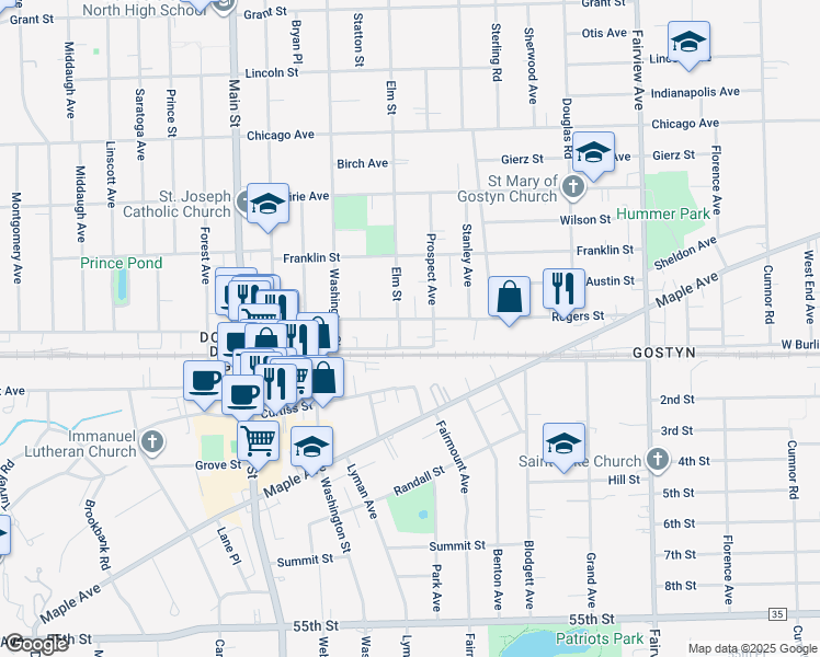 map of restaurants, bars, coffee shops, grocery stores, and more near 728 Warren Avenue in Downers Grove