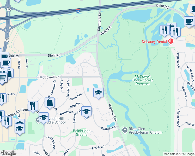 map of restaurants, bars, coffee shops, grocery stores, and more near 1316 McDowell Road in Naperville