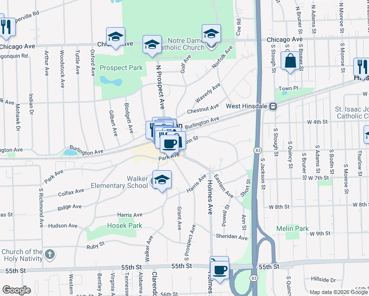map of restaurants, bars, coffee shops, grocery stores, and more near 101 Eastern Avenue in Clarendon Hills