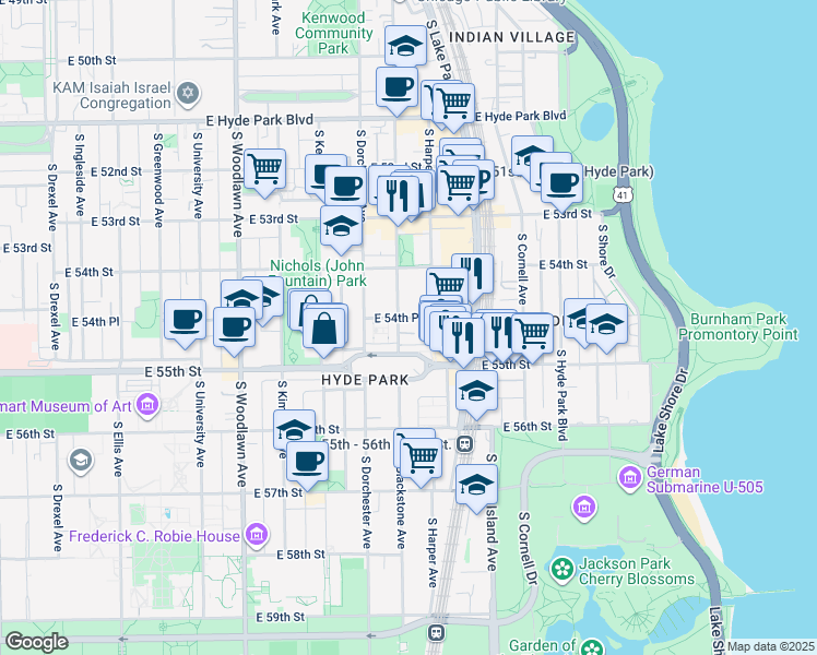 map of restaurants, bars, coffee shops, grocery stores, and more near 5457 South Blackstone Avenue in Chicago