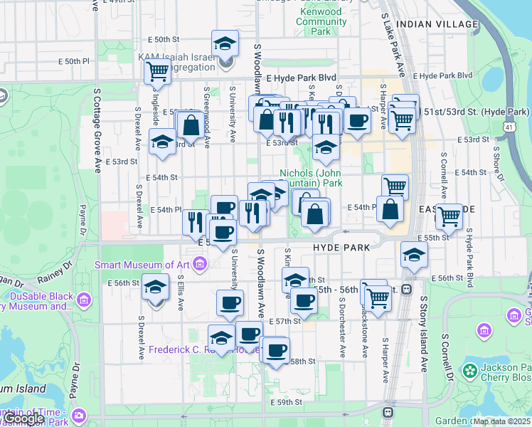 map of restaurants, bars, coffee shops, grocery stores, and more near 5447-57 South Woodlawn Avenue in Chicago