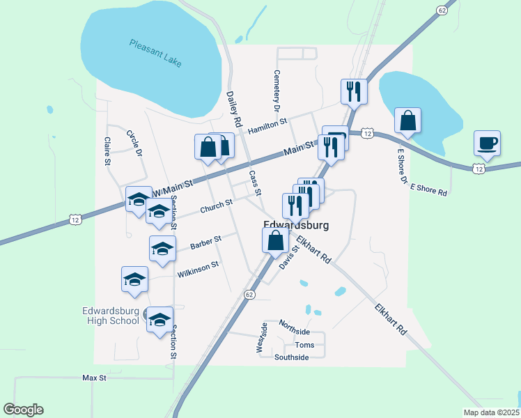 map of restaurants, bars, coffee shops, grocery stores, and more near 69012 Elkhart Road in Edwardsburg
