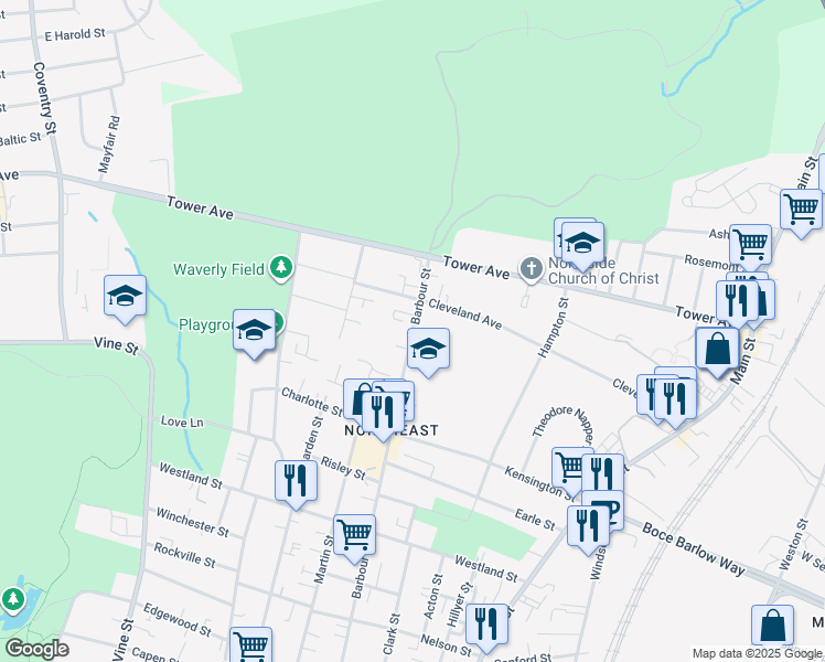 map of restaurants, bars, coffee shops, grocery stores, and more near 408 Barbour Street in Hartford