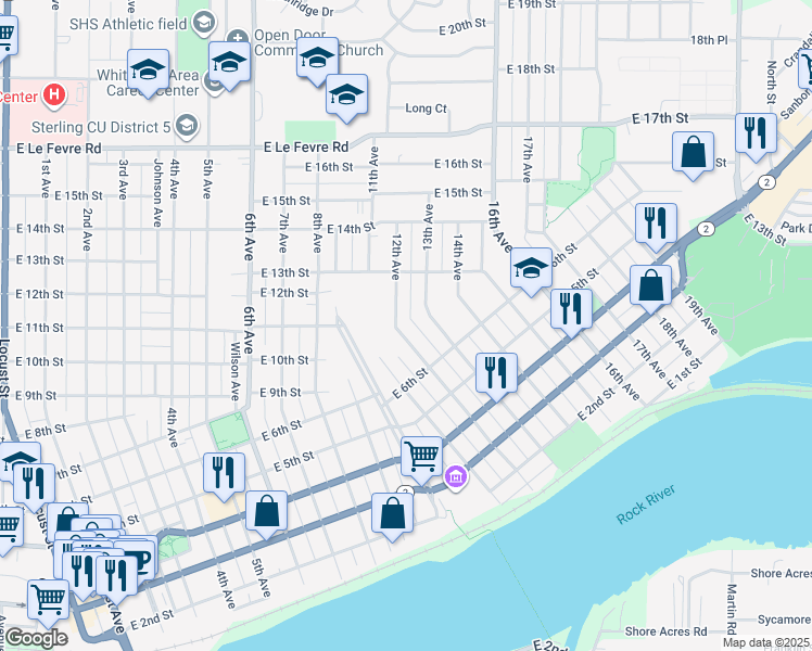 map of restaurants, bars, coffee shops, grocery stores, and more near 705 12th Avenue in Sterling