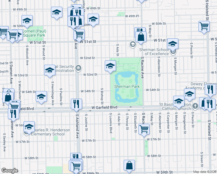 map of restaurants, bars, coffee shops, grocery stores, and more near 5338 South Loomis Boulevard in Chicago