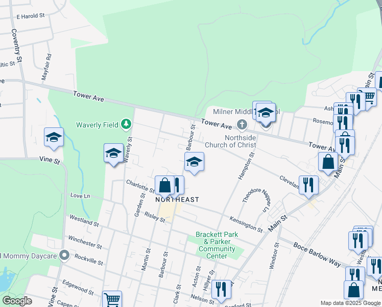 map of restaurants, bars, coffee shops, grocery stores, and more near 414 Barbour Street in Hartford