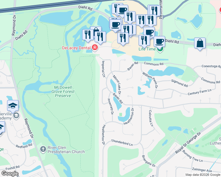 map of restaurants, bars, coffee shops, grocery stores, and more near in Naperville