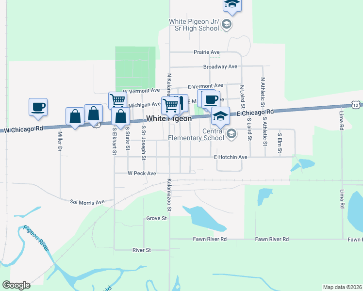 map of restaurants, bars, coffee shops, grocery stores, and more near 105 East Hotchin Avenue in White Pigeon