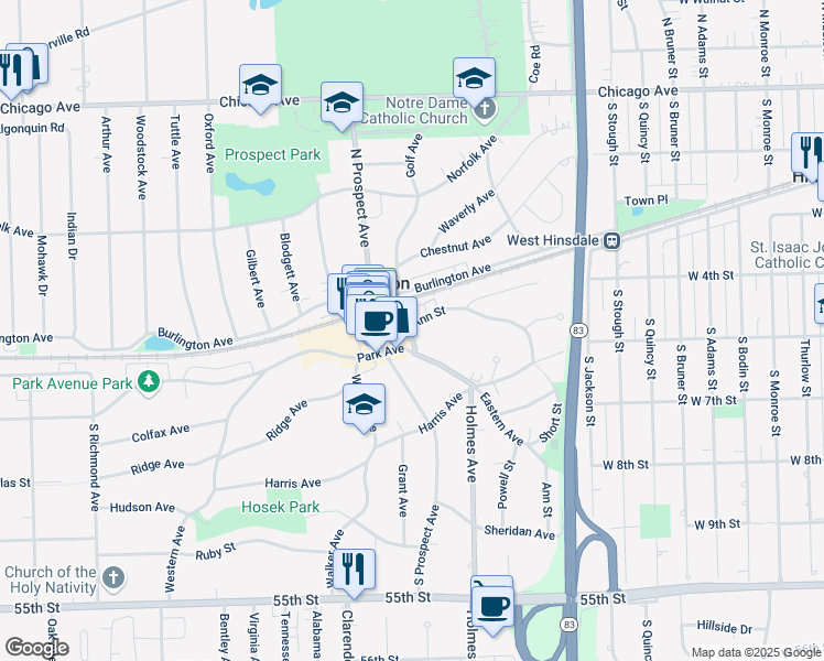 map of restaurants, bars, coffee shops, grocery stores, and more near 145 Ann Street in Clarendon Hills