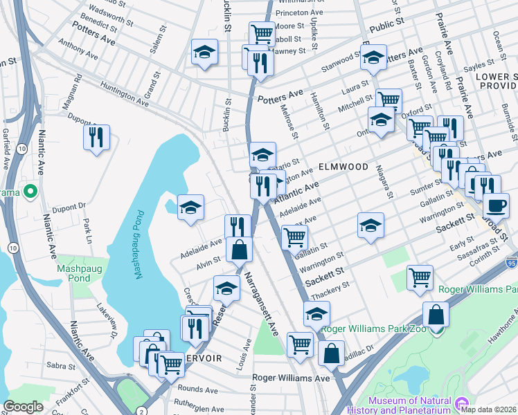 map of restaurants, bars, coffee shops, grocery stores, and more near 591 Elmwood Avenue in Providence