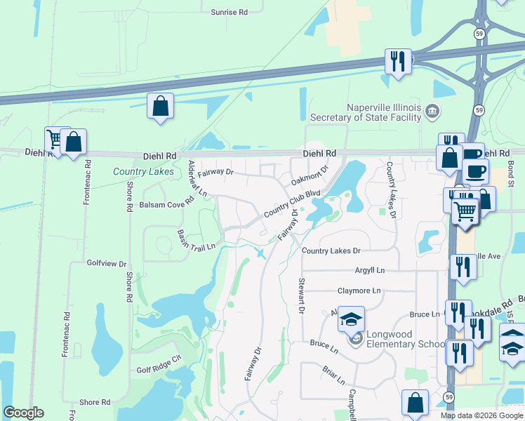 map of restaurants, bars, coffee shops, grocery stores, and more near 1511 Tail Leaf Court in Naperville