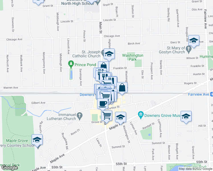 map of restaurants, bars, coffee shops, grocery stores, and more near 965 Rogers Street in Downers Grove