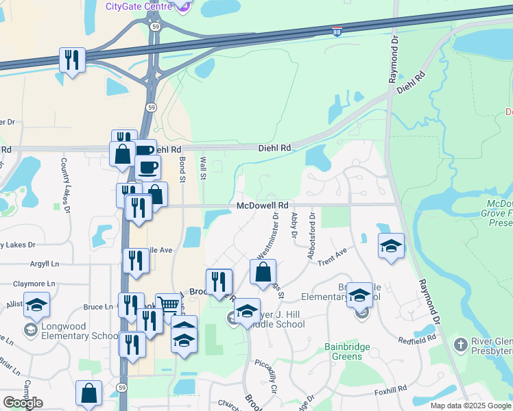 map of restaurants, bars, coffee shops, grocery stores, and more near 1500 McDowell Road in Naperville
