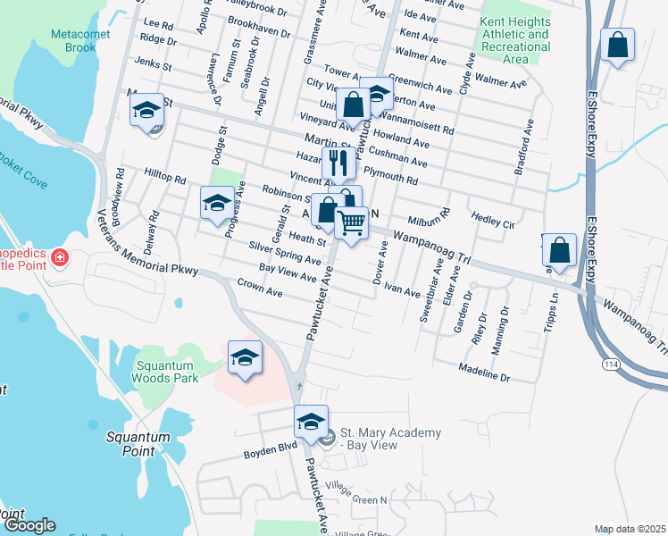 map of restaurants, bars, coffee shops, grocery stores, and more near 2888 Pawtucket Avenue in East Providence