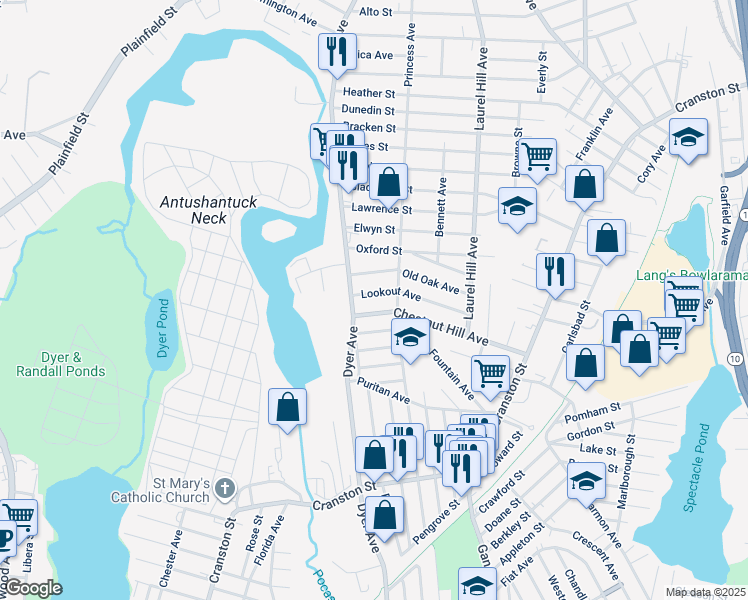 map of restaurants, bars, coffee shops, grocery stores, and more near 159 Chestnut Hill Avenue in Cranston
